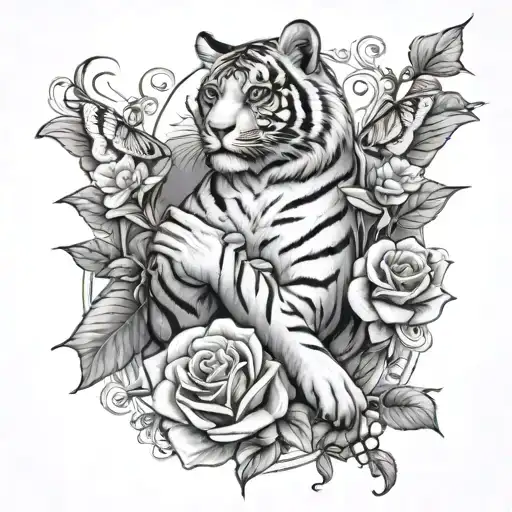 heaven, angels, roses, praying hands, tigers, vine leaves tattoo design idea