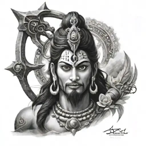 Create a realistic portrait of Mahadev with the trishul and damru as prominent elements tattoo design idea