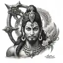 Create a realistic portrait of Mahadev with the trishul and damru as prominent elements tattoo design idea