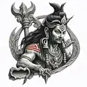 Create a realistic portrait of Mahadev with the trishul and damru as prominent elements tattoo design idea