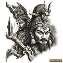 Create a realistic portrait of Mahadev with the trishul and damru as prominent elements tattoo design idea