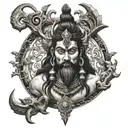 Create a realistic portrait of Mahadev with the trishul and damru as prominent elements tattoo design idea