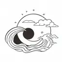 draw me a moon in japanese style with waves and wind inside in black and white tattoo design idea
