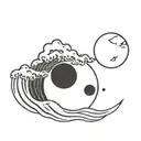 draw me a moon in japanese style with waves and wind inside in black and white tattoo design idea