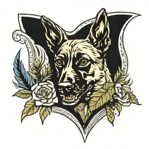 A traditional style tattoo of a Belgian Malinois playing with potted plants tattoo design idea