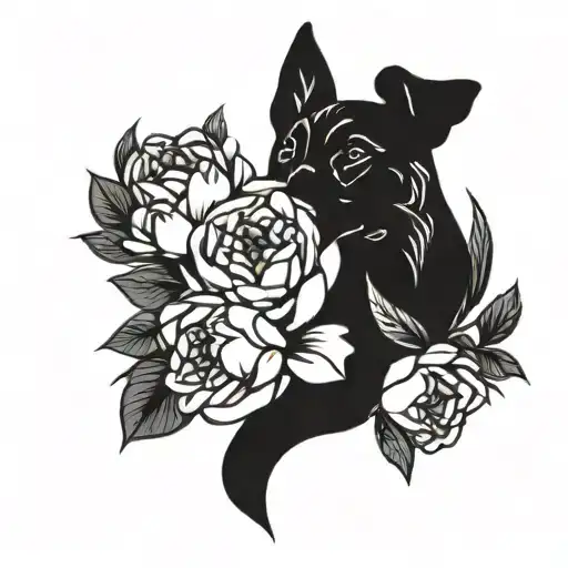 A Belgian Malinois silhouette intertwined with blooming peonies tattoo design idea