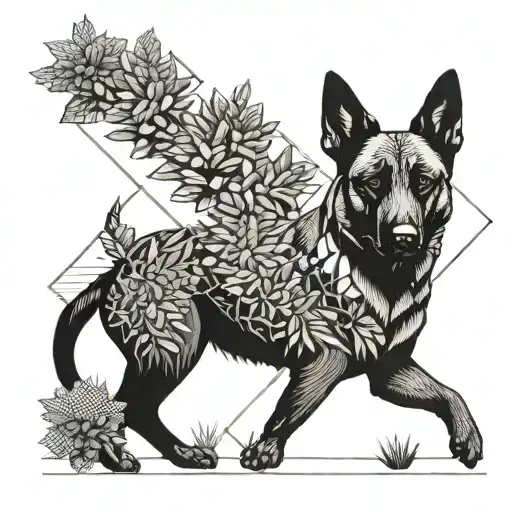 A geometric design incorporating a Belgian Malinois and potted plants tattoo design idea