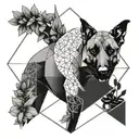 A geometric design incorporating a Belgian Malinois and potted plants tattoo design idea