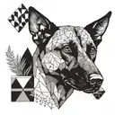 A geometric design incorporating a Belgian Malinois and potted plants tattoo design idea
