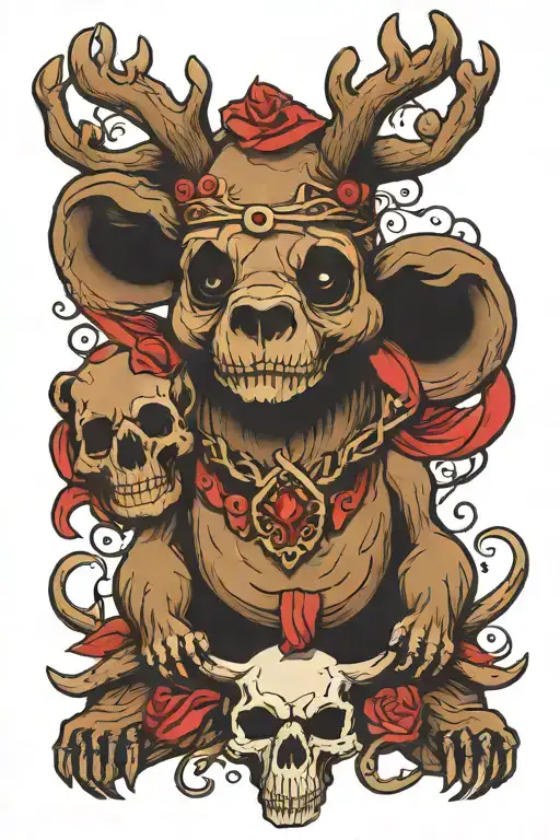 teddy bear on top of raindeer skull tattoo design idea