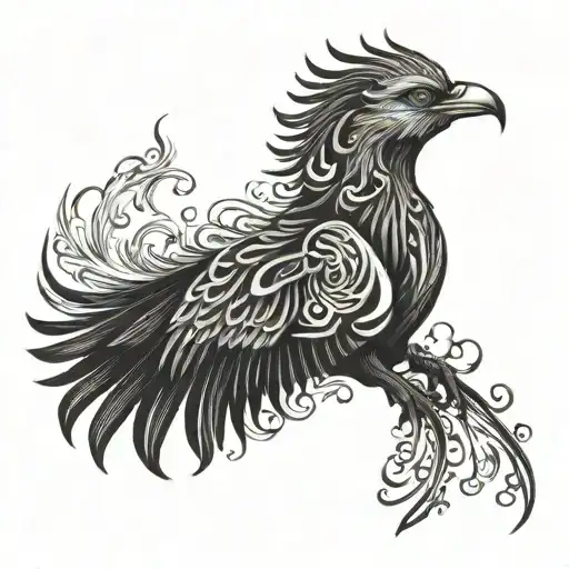 A phoenix rising from the ashes symbolizing strength and resilience in blackwork style tattoo design idea