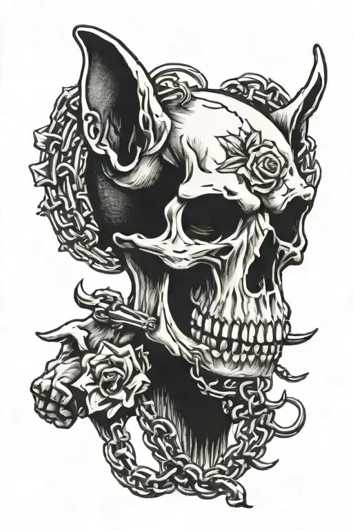 dog skull bites chain around hand tattoo design idea