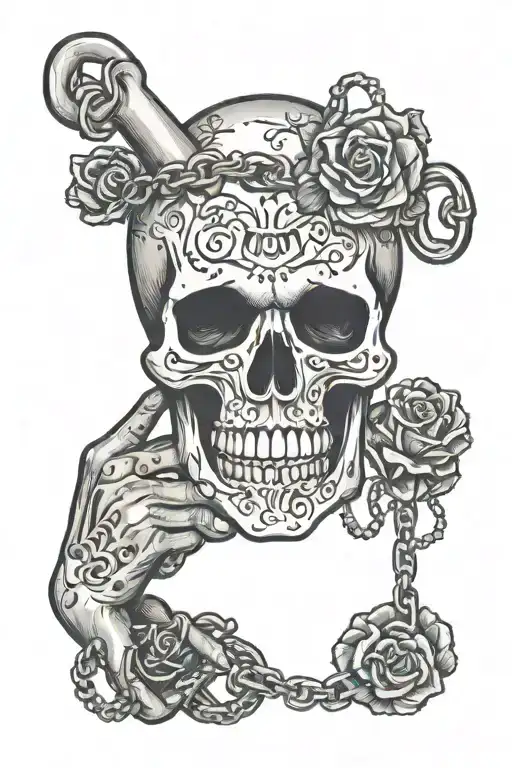 the skull bites the chain around the hand tattoo design idea