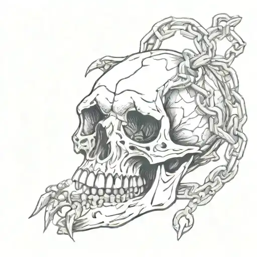 dog skull bites chain around hand tattoo design idea