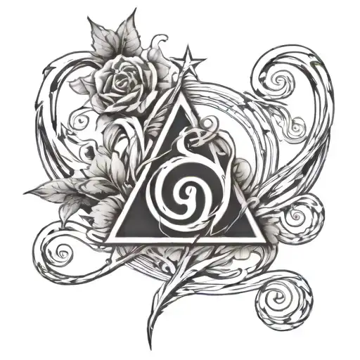A tattoo of a music note intertwined with the Deathly Hallows symbol from Harry Potter, representing the client's love for music and magic tattoo design idea