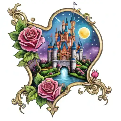 Disney castle in colour with bubbles, stars and roses around it in red, blue, pink, purple, yellow  tattoo design idea