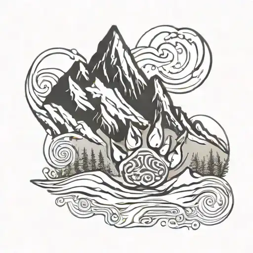 A stylized dog paw print with mountain peaks in the background, representing the client's love for dogs and mountains tattoo design idea