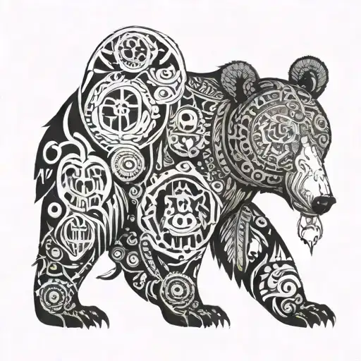 An intricate tattoo of a bear surrounded by native American animal symbols tattoo design idea