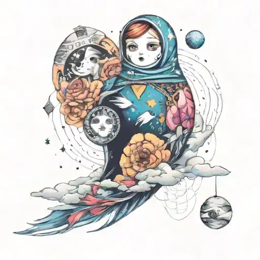 floating Russian nesting doll separating with galactic storm of childhood dreams in background tattoo design idea