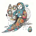 floating Russian nesting doll separating with galactic storm of childhood dreams in background tattoo design idea