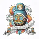floating Russian nesting doll separating with galactic storm of childhood dreams in background tattoo design idea