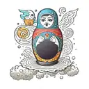 floating Russian nesting doll separating with galactic storm of childhood dreams in background tattoo design idea