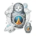 floating Russian nesting doll separating with galactic storm of childhood dreams in background tattoo design idea