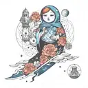 floating Russian nesting doll separating with galactic storm of childhood dreams in background tattoo design idea