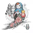 floating Russian nesting doll separating with galactic storm of childhood dreams in background tattoo design idea
