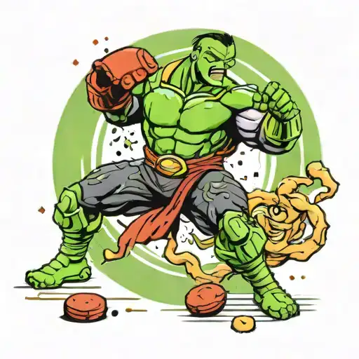 1 red circle pickle chip character fighting 1 green circle pickle chip character in a mortal kombat scene tattoo design idea