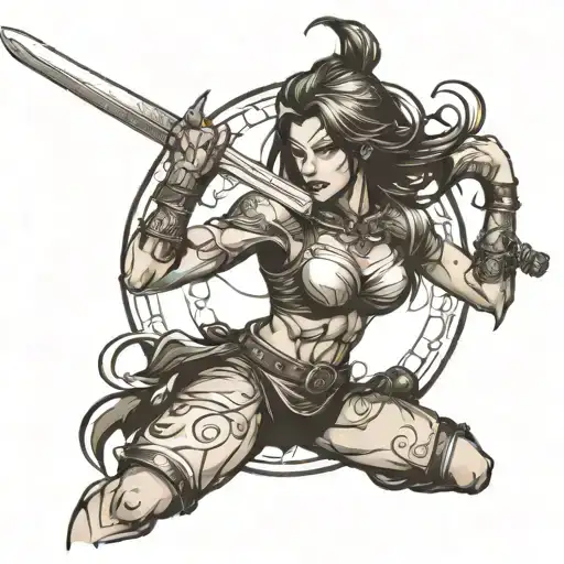 woman warrior wielding a sword black and white hair. scars tattoo design idea