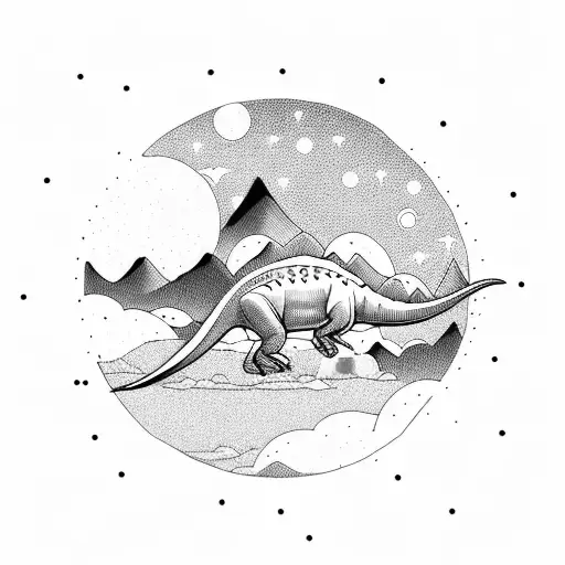 dinosaur floating with mountains and aurora borealis in the background tattoo design idea