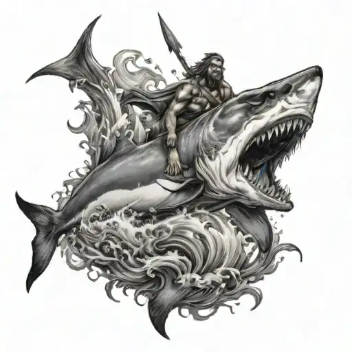 Poseidon riding a majestic great white shark like a mythical sea creature tattoo design idea