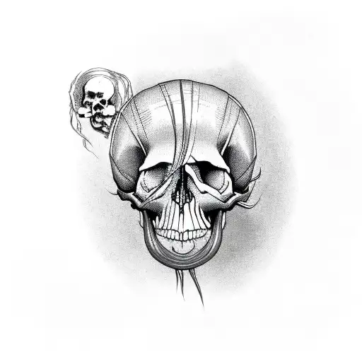 skull with ribbond through eye socket and mouth tattoo design idea
