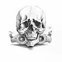 skull with ribbond through eye socket and mouth tattoo design idea