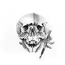 skull with ribbond through eye socket and mouth tattoo design idea