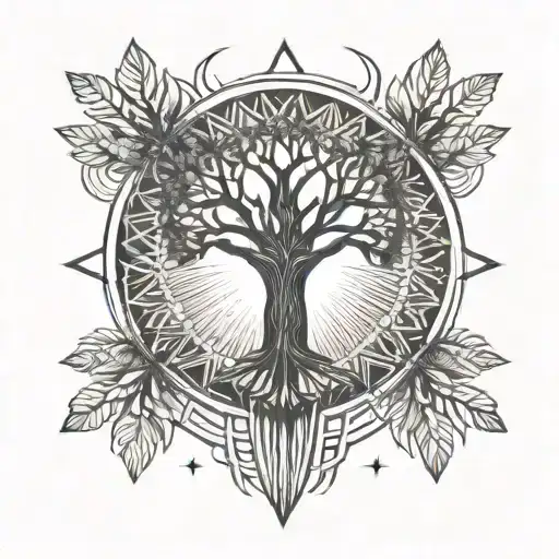 Tree of life, sun beams in background, illusion tattoo tattoo design idea