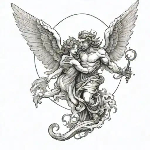 world with angel and demon tattoo design idea