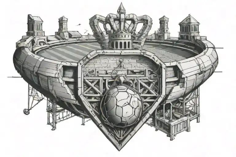 An engineer's blueprint of a soccer stadium, with a traditional Irish Claddagh ring incorporated into the design tattoo design idea