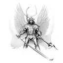 St. Michael can be portrayed in a fierce and dynamic pose, with exaggerated muscular features and intricate armor adorne tattoo design idea