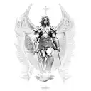 St. Michael can be portrayed in a fierce and dynamic pose, with exaggerated muscular features and intricate armor adorne tattoo design idea