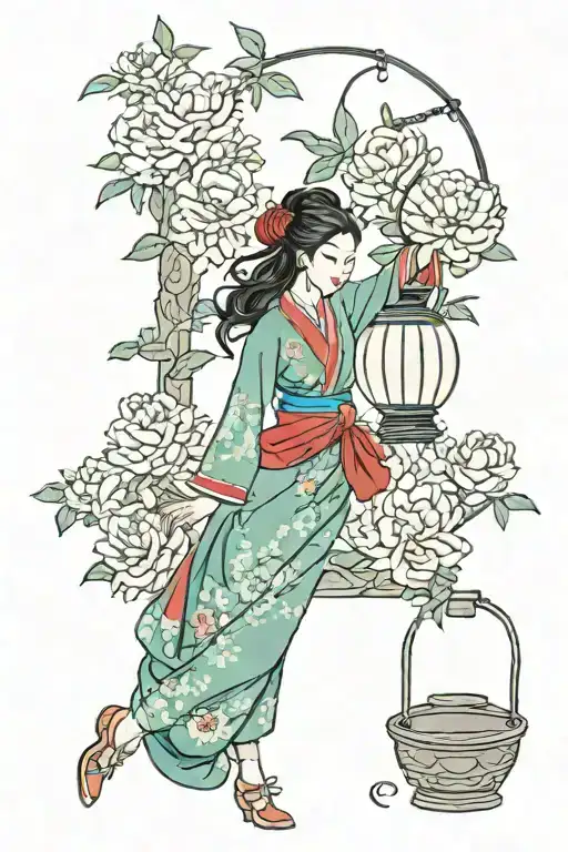 Peony, city screen, rice patty, traditional Vietnamese girl in ao dai, hanging basket, lantern  tattoo design idea