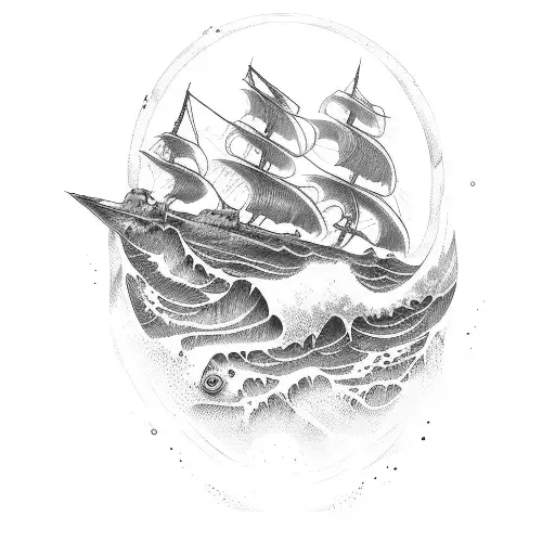 Shipwreck cryptid waves beautiful hairstyle tattoo design idea