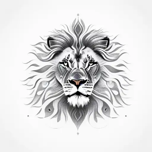A realistic portrait of a lion with intricate tribal patterns tattoo design idea