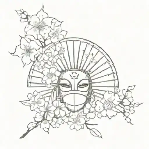 Japanese fan with mask and sakura flowers tattoo design idea