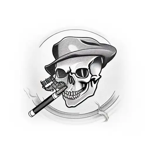 a skull in a mafia hat with one cigarette in its mouth tattoo design idea