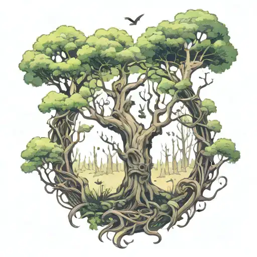 Forest Spirits: A depiction of a forest filled with mythical creatures - forest spirits that twine around the trees. One of the n tattoo design idea