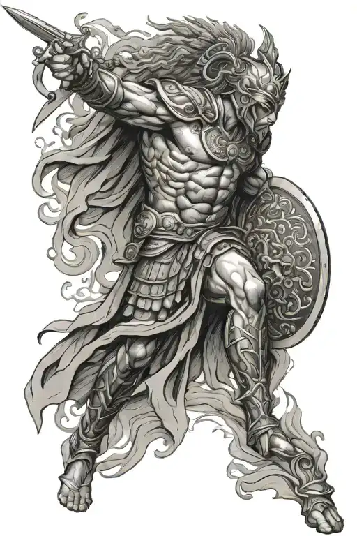 greek warrior surrounded by ancient greek god tattoo design idea