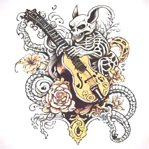 A neotraditional tattoo design combining elegant Japanese elements with creepy horror themes, featuring skeletal animals playing musical instruments tattoo design idea