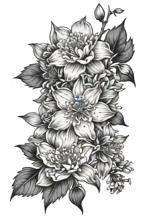 cherry blossom flower, daisy flower, larkspur flower, aster flower, cosmos , chrysanthemum flower, Narcissus flower tattoo design idea